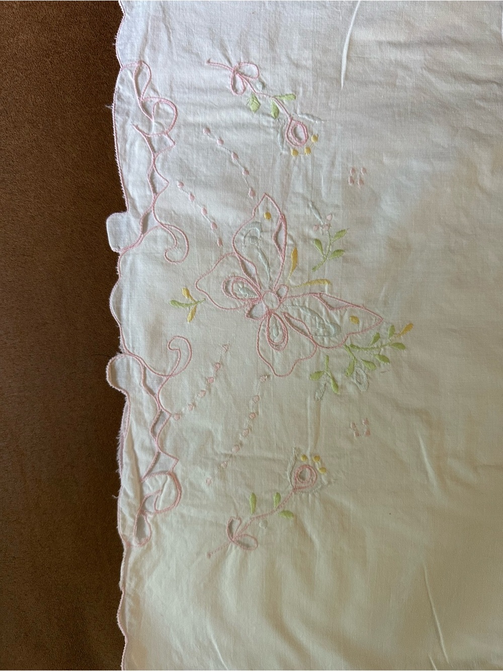 Source Unknown White Pillowcase with Pink and Yellow Embroidered Butterfly